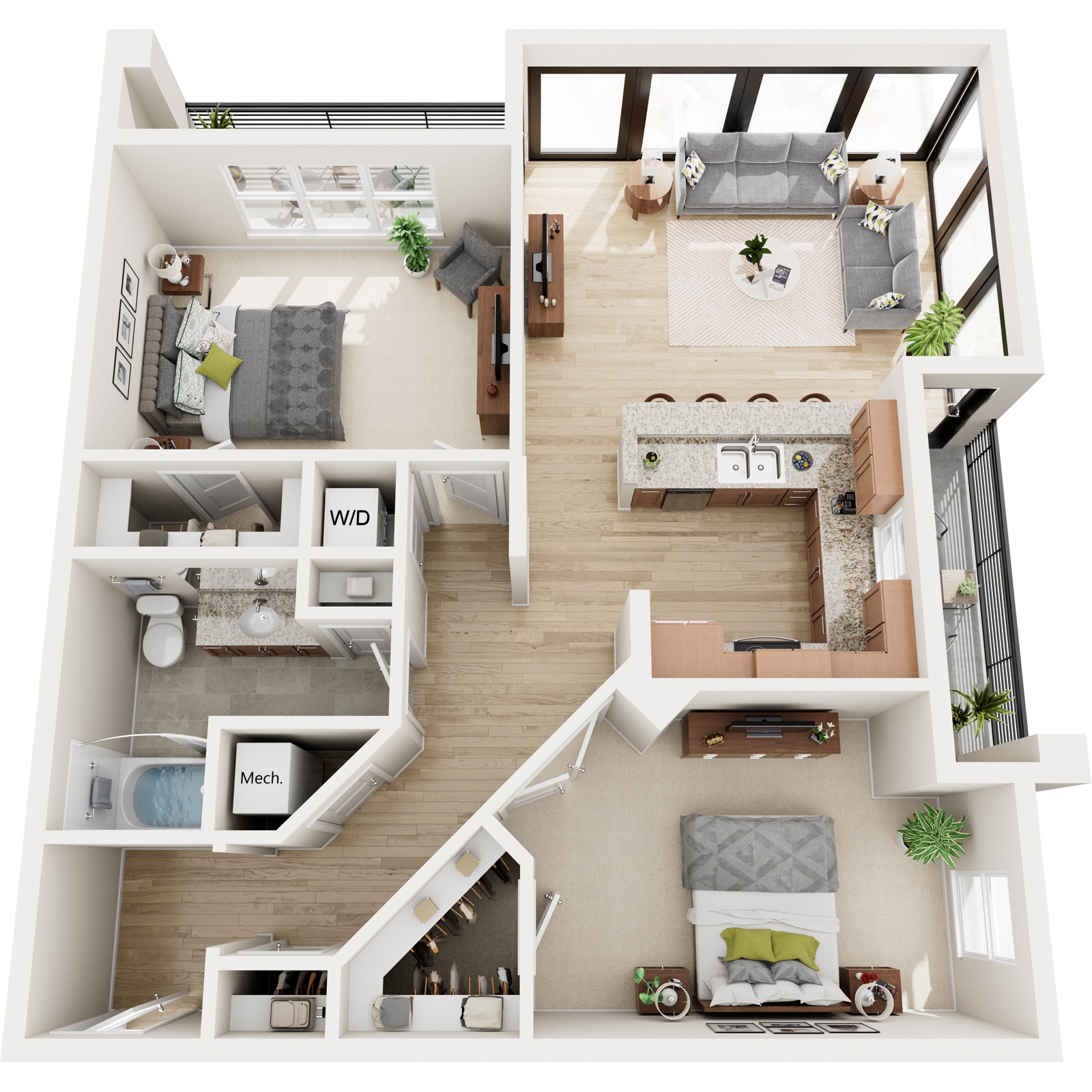 A top-down view of a two-bedroom apartment with a living room, kitchen, and bathroom.
