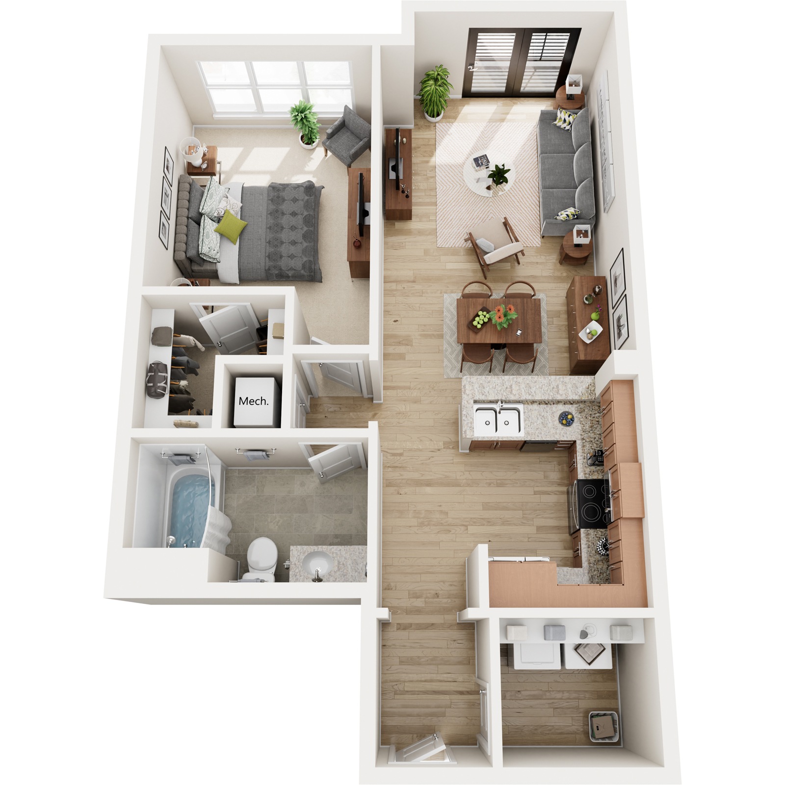 A top-down view of a small apartment with a kitchen, living room, and bathroom.