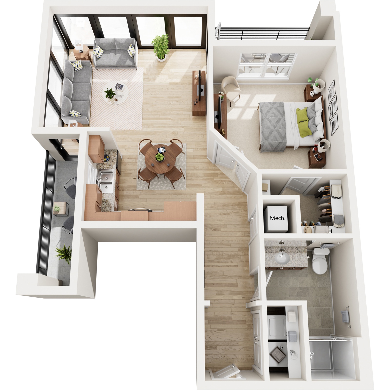 A top down view of a modern apartment with a kitchen, living room, and bedroom.