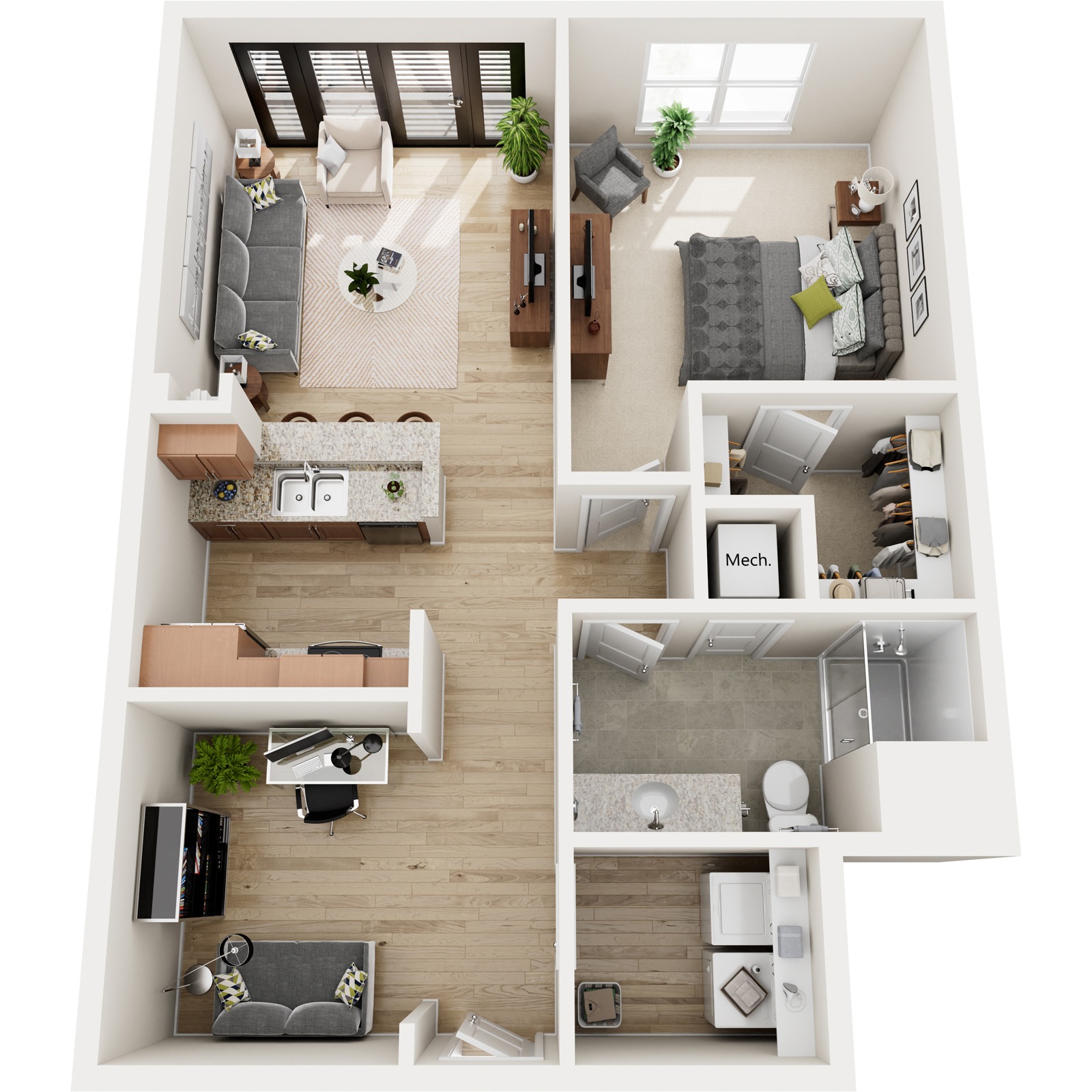 A top-down view of a modern apartment layout with a kitchen, living room, and bathroom.