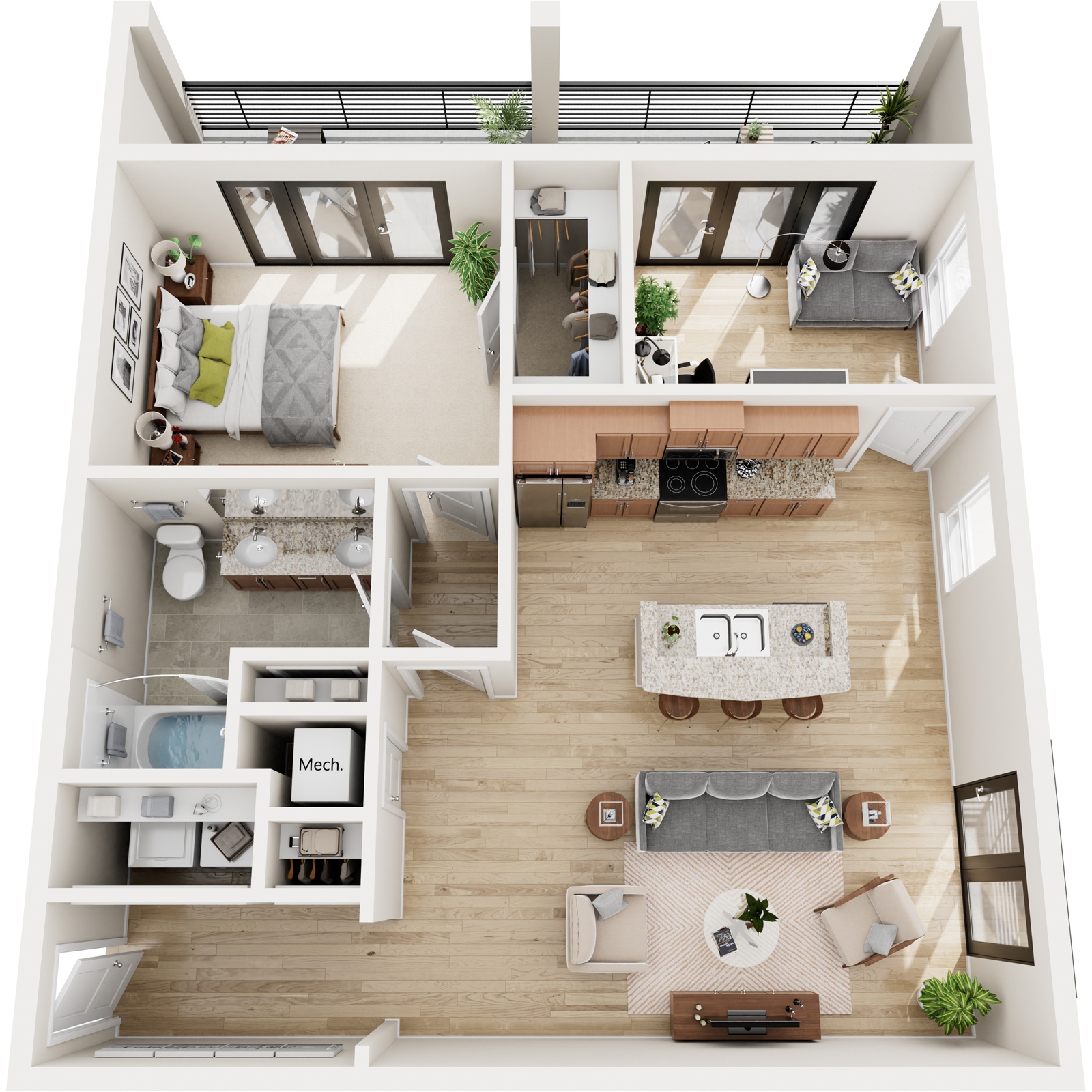 A top-down view of a modern, open-plan apartment with a kitchen, living room, and bedroom.