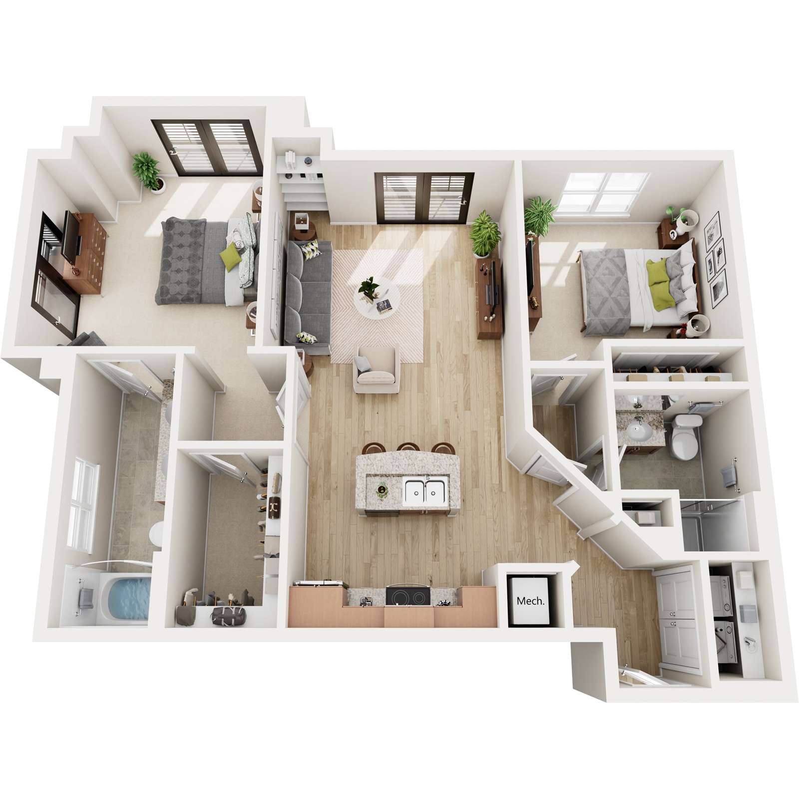 A top-down view of a modern apartment layout.
