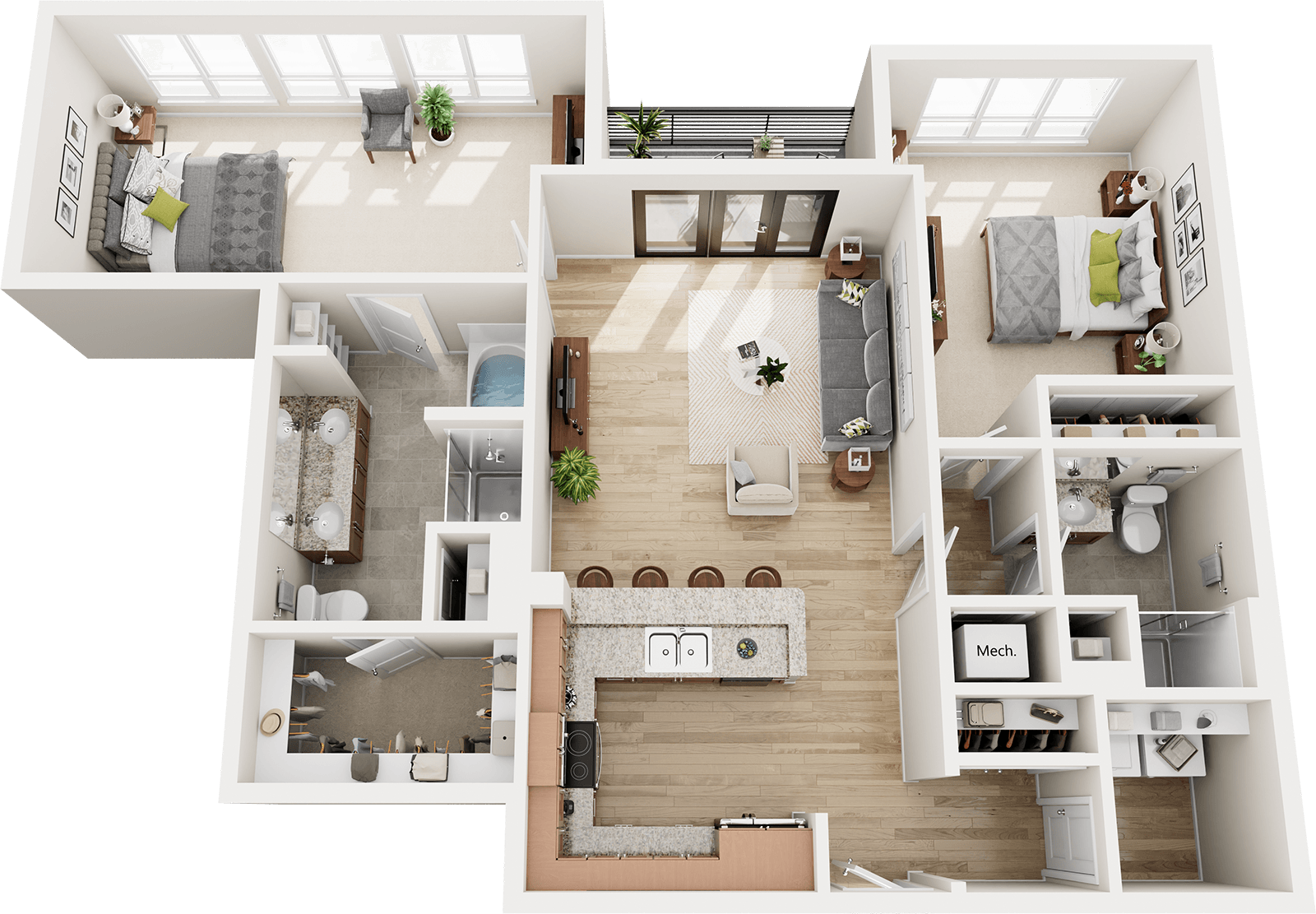 A detailed 3D floor plan of a two-bedroom apartment.