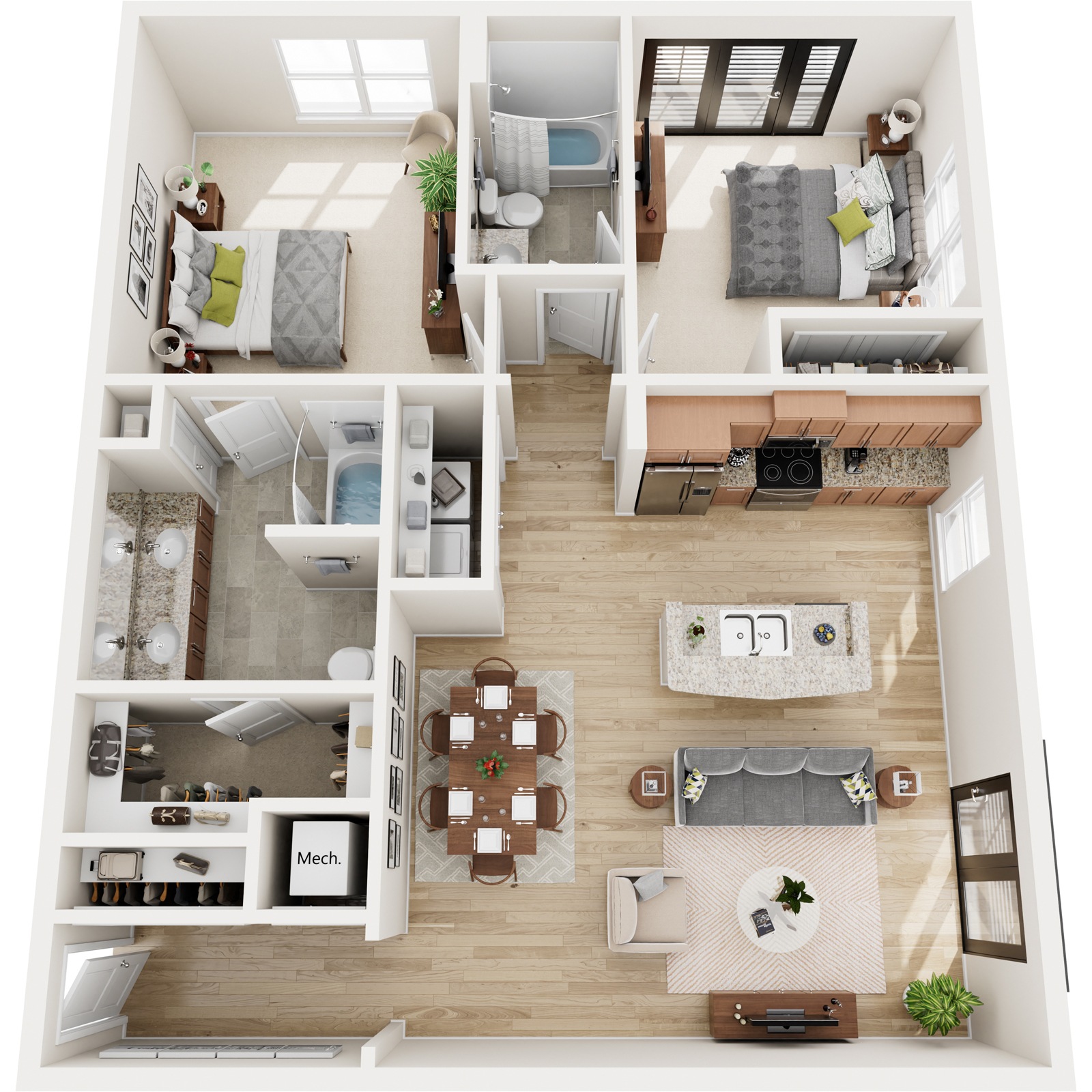 A top-down view of a small apartment with a kitchen, living room, and bedroom.,A top-down view of a small apartment with a kitchen, living room, and bedroom.
