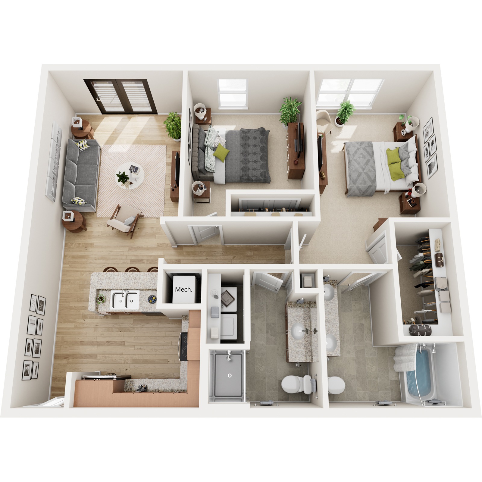 A top-down view of a small apartment with a kitchen, living room, and bathroom.