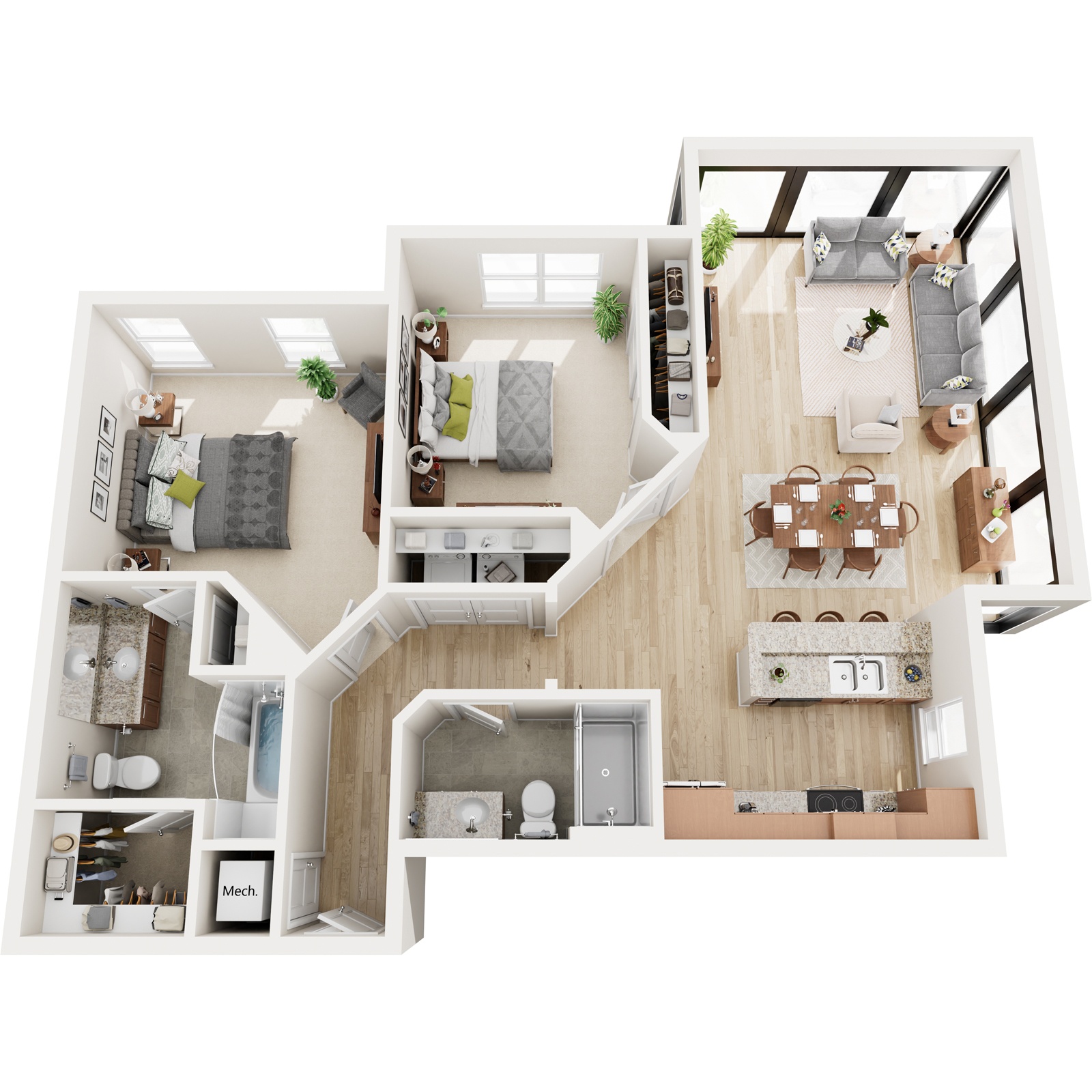 A 3D floor plan of a house with a kitchen, living room, and bathroom.