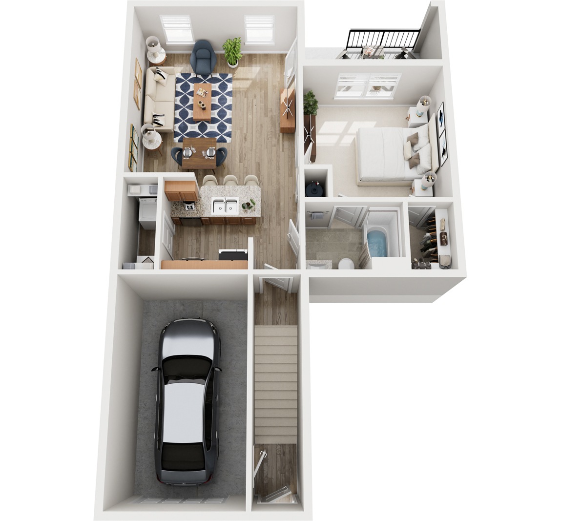 A top down view of a small apartment with a kitchen, living room, and bathroom.