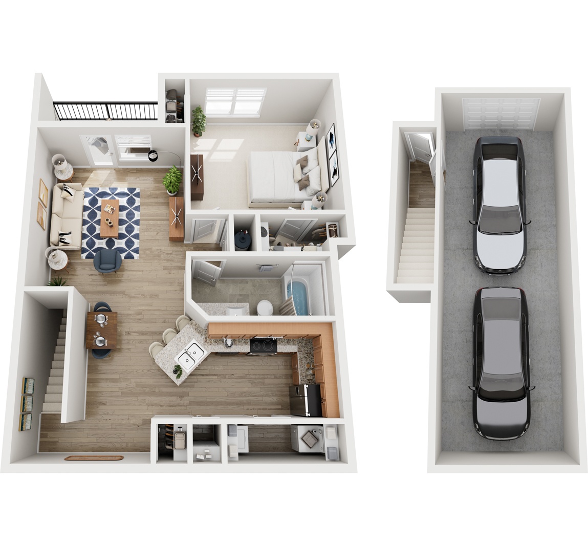 A top down view of a house interior and a car.