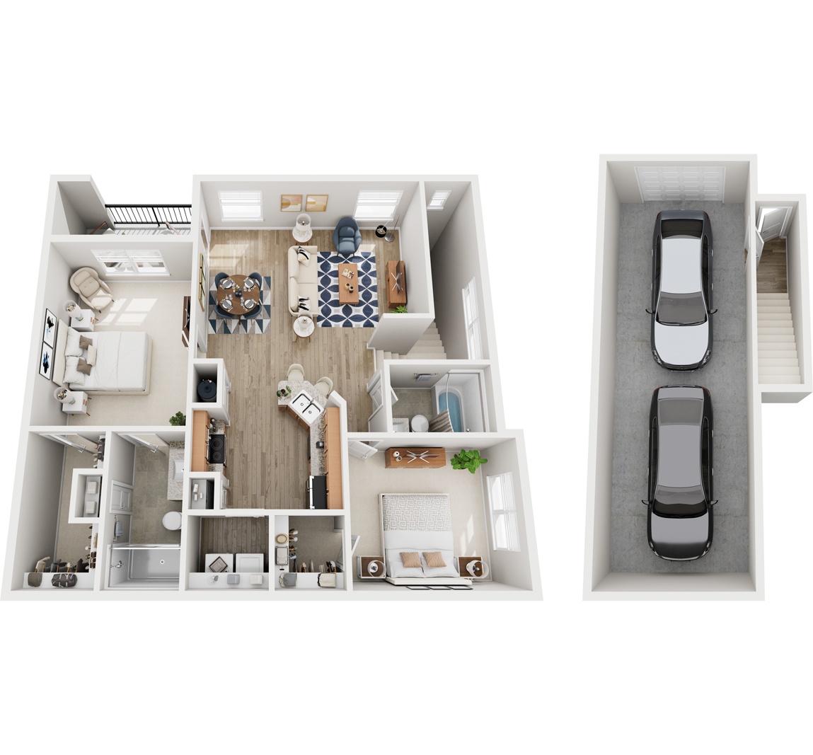 A top down view of a house interior and a car.