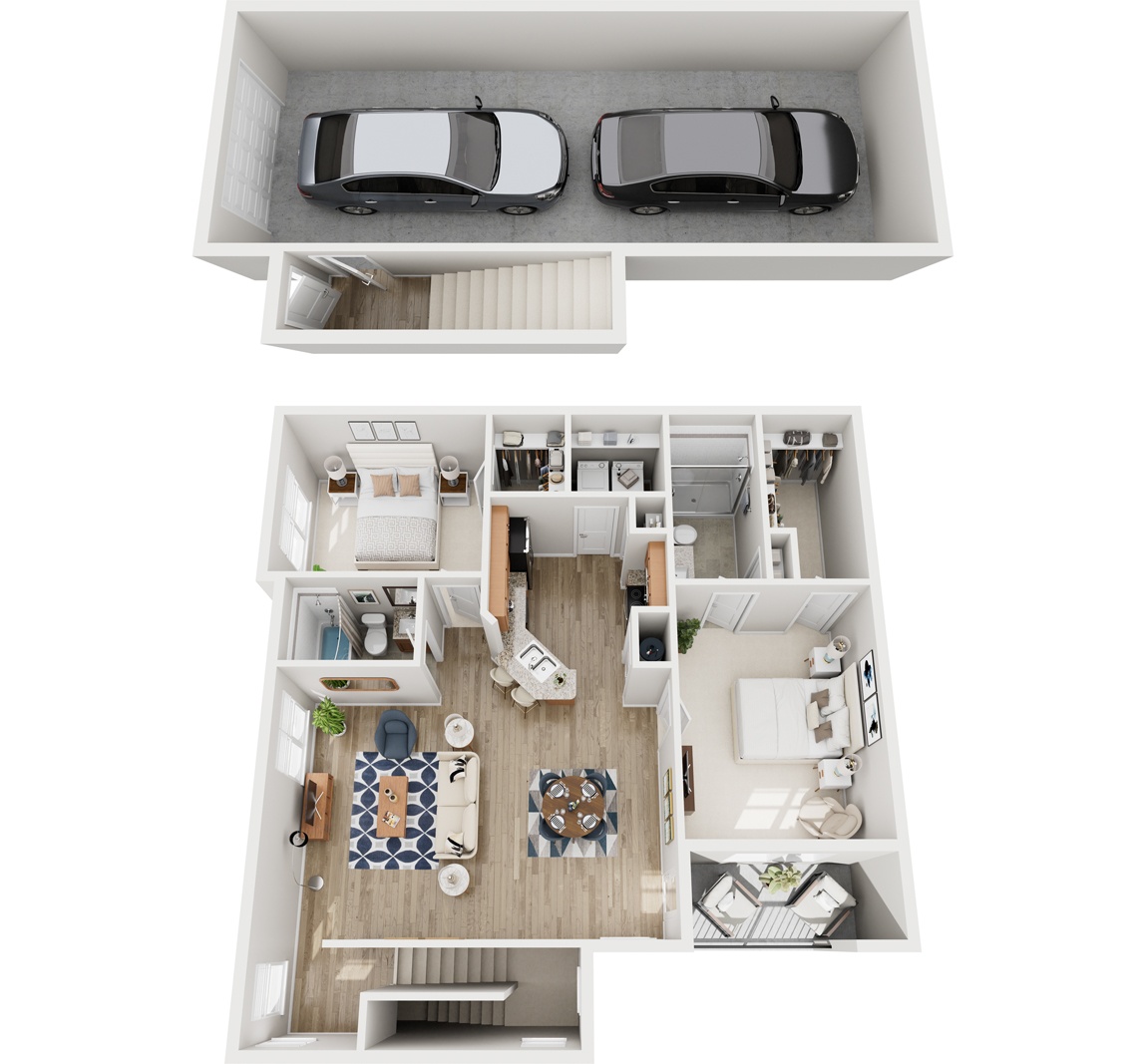 A top-down view of a two-bedroom apartment with a living room, kitchen, and bathroom.