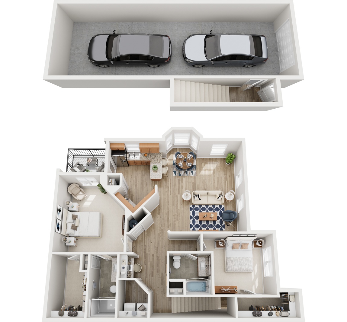 A top-down view of a house with two cars parked in the garage.
