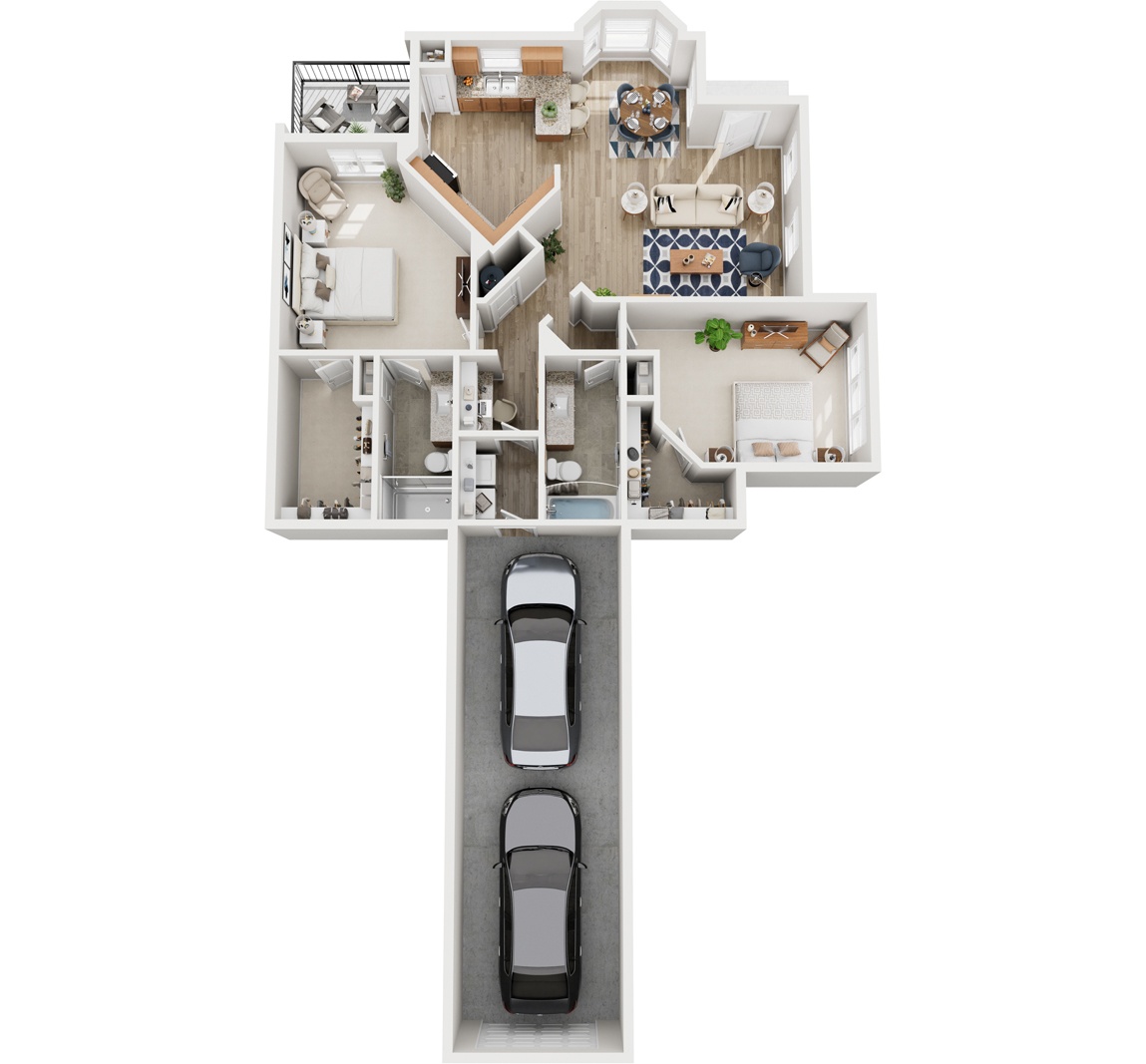 A floor plan of a house with two bedrooms, a living room, a kitchen, and a garage.