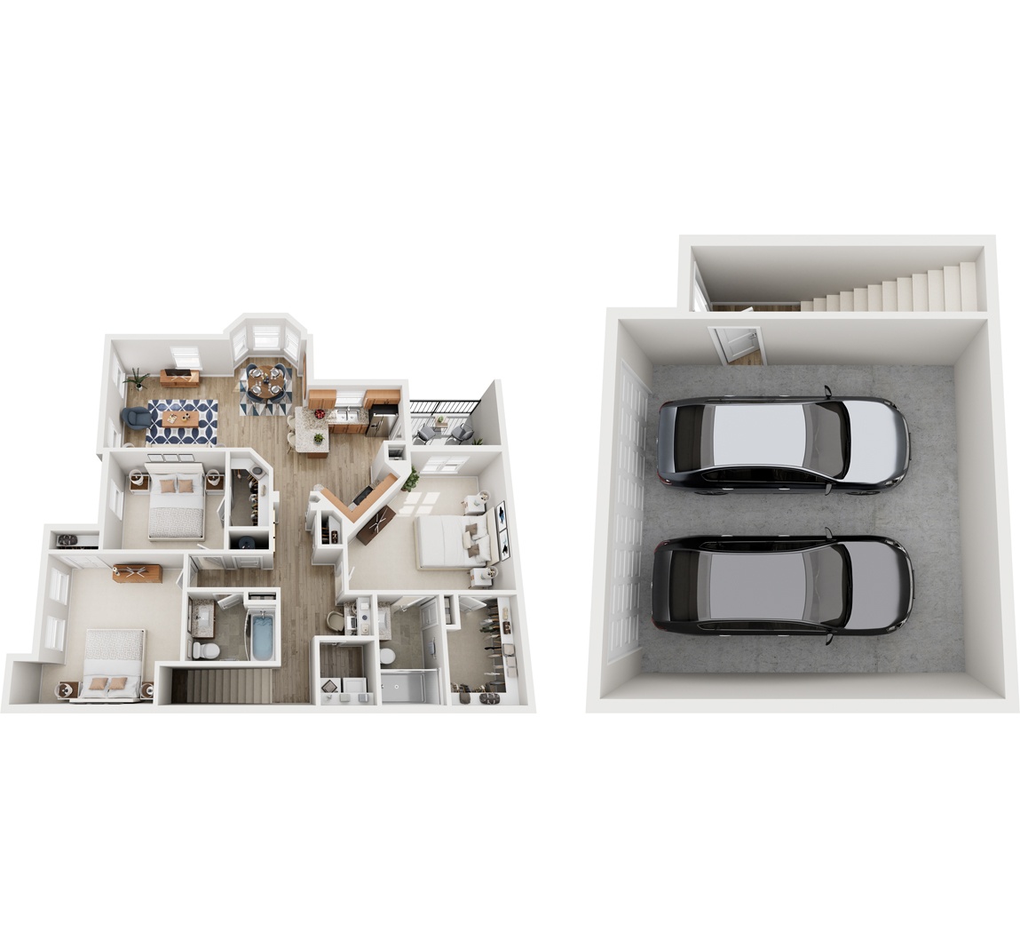 A top down view of a house with a car parked in the driveway.