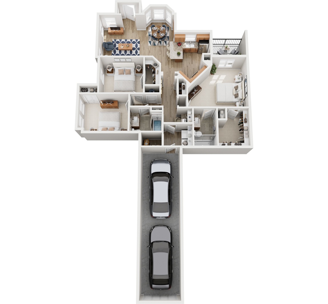 A top down view of a house with a car parked in the driveway.