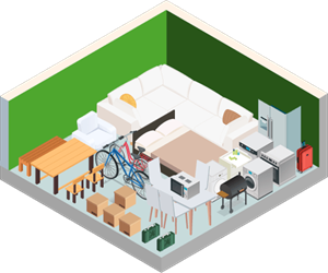 A 3D isometric view of a room with a dining table, chairs, a bicycle, a washing machine, and a refrigerator.