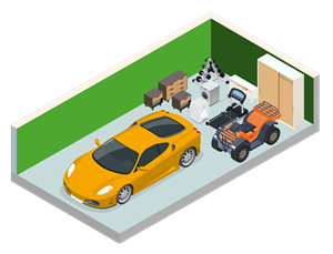 A yellow car is parked in a garage with a lawn mower and other items.