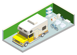 A yellow RV is parked in a green area with a small campsite set up.