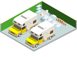 Two yellow RVs are parked in a green area.