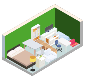 A room with a bed, desk, chair, and a computer.