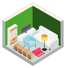 A room with a sofa, a chair, a desk, a lamp, and a bookshelf.