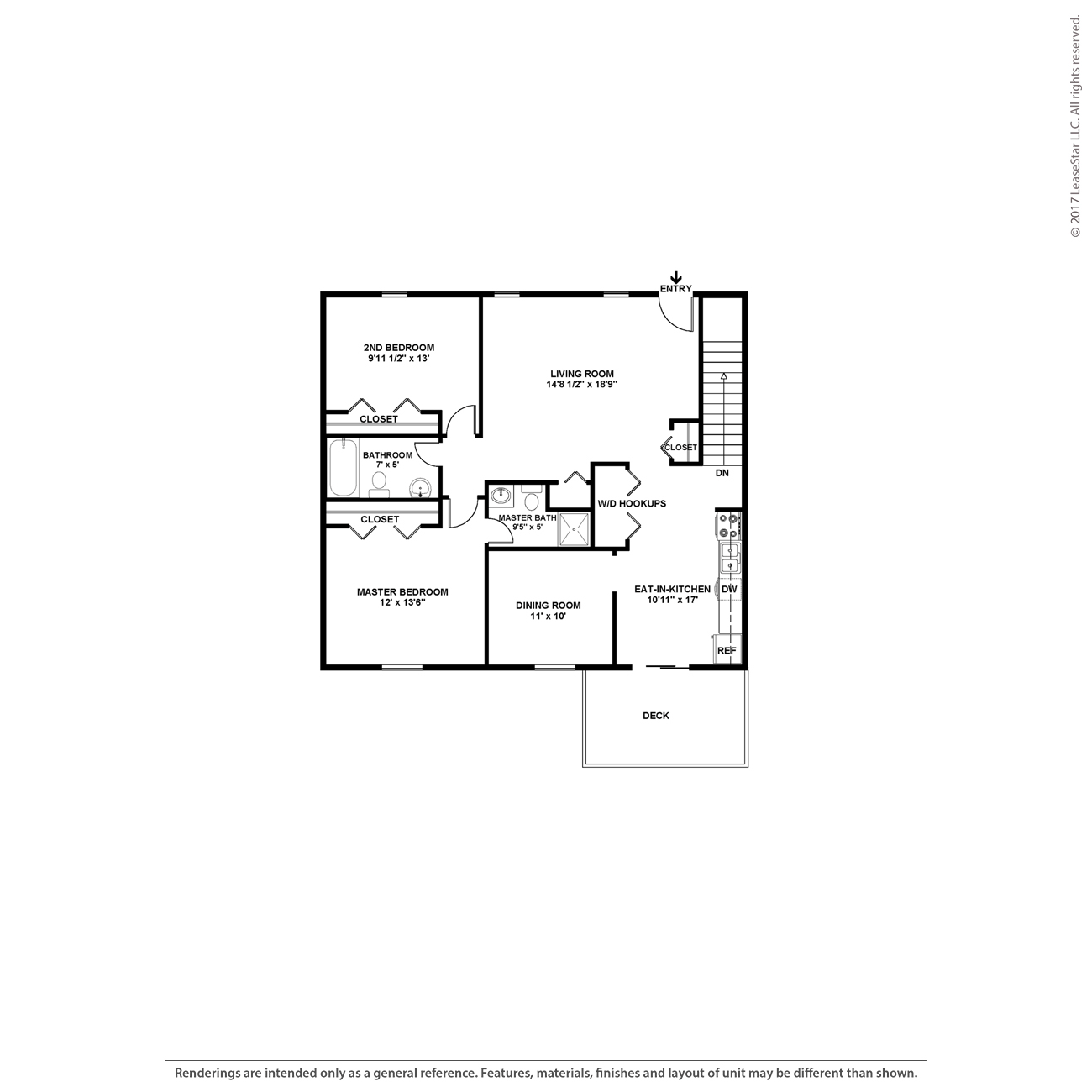 A floor plan of a home with a living room, dining room, kitchen, and two bedrooms.