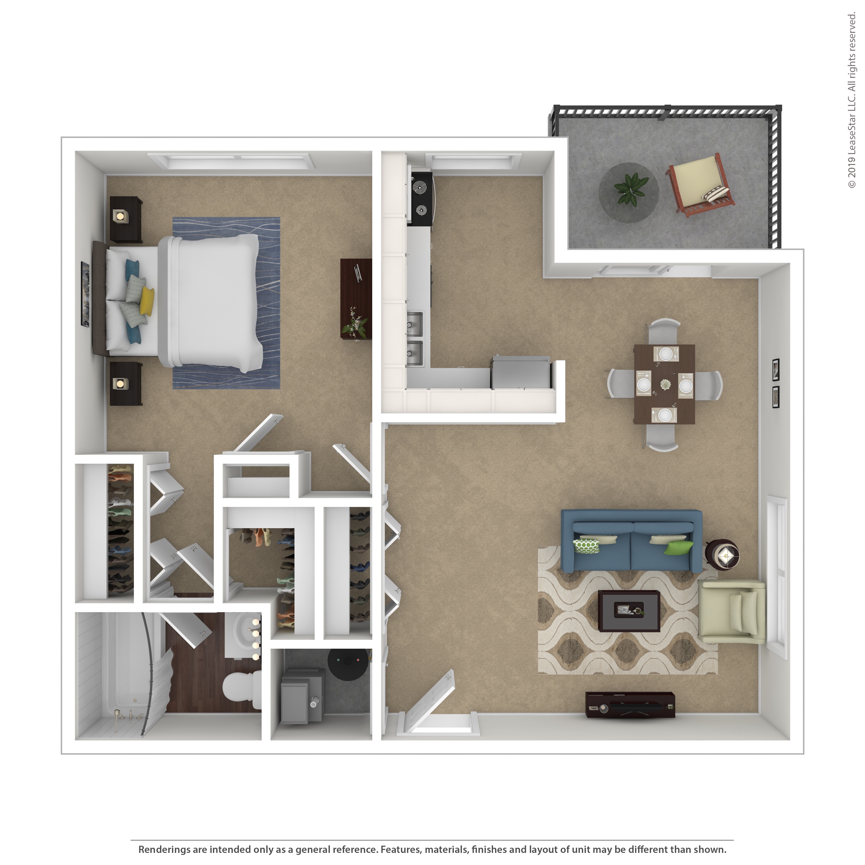 A floor plan of a two-bedroom apartment with a living room and kitchen.