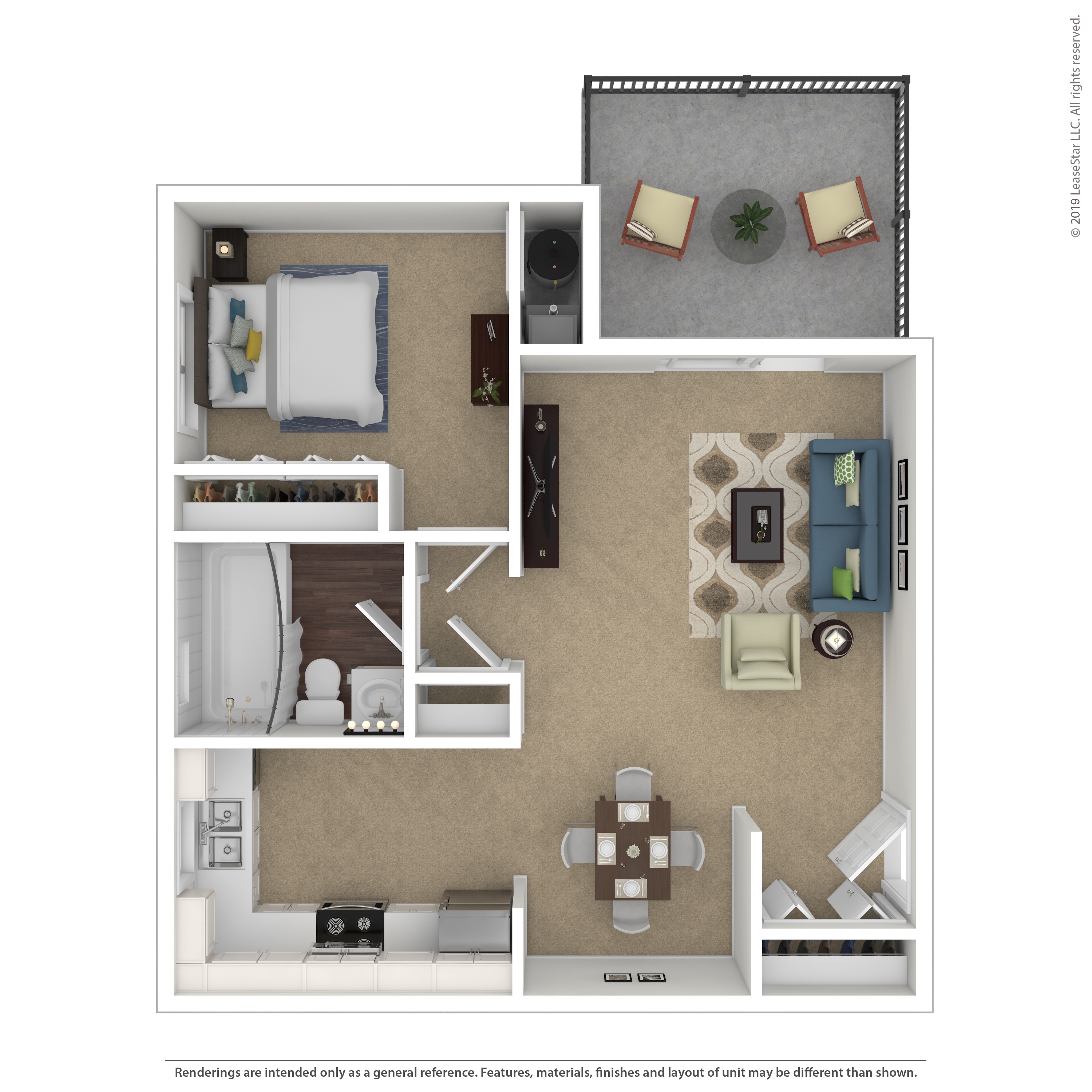 A floor plan of a small apartment with a kitchen