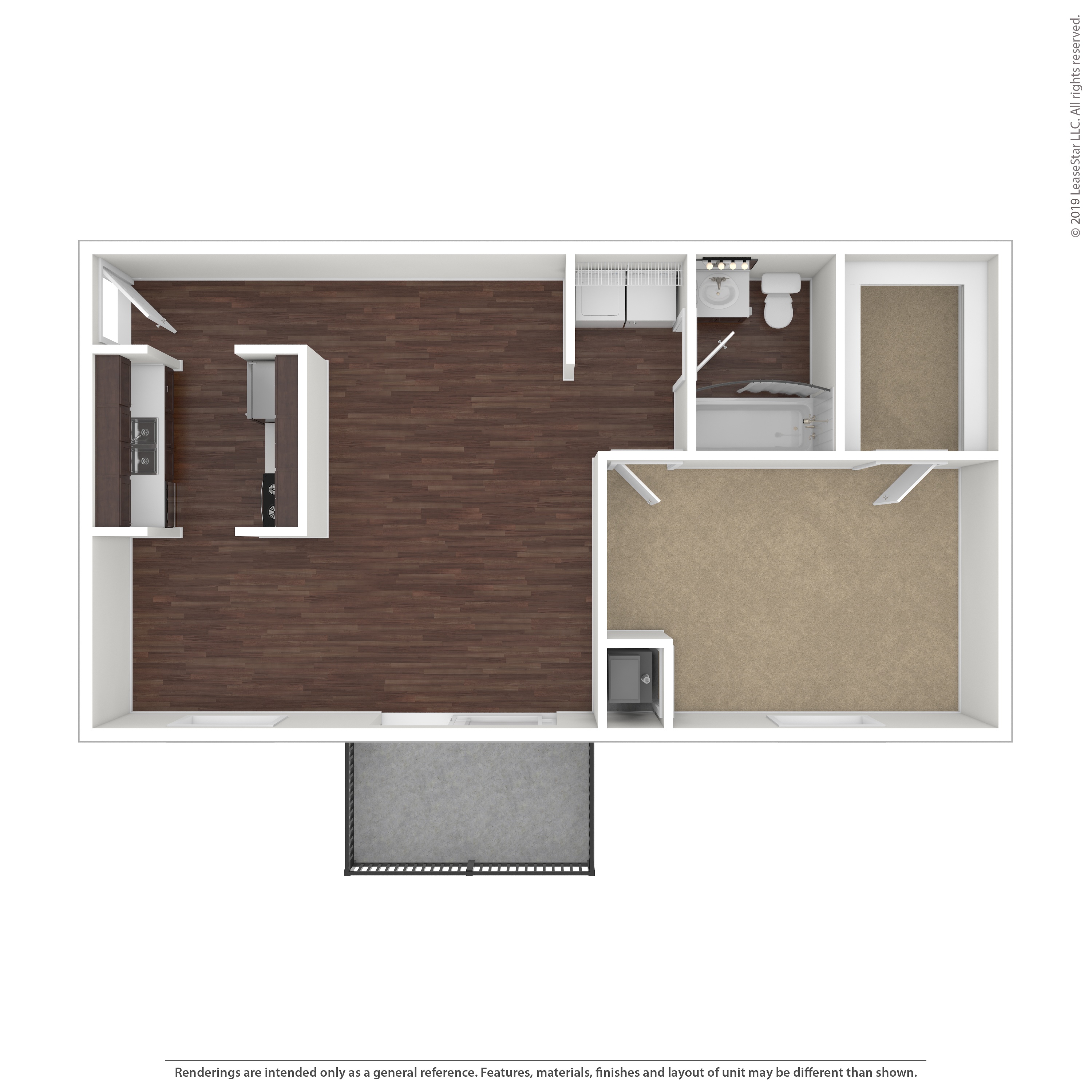 A rendering of a room with a bed