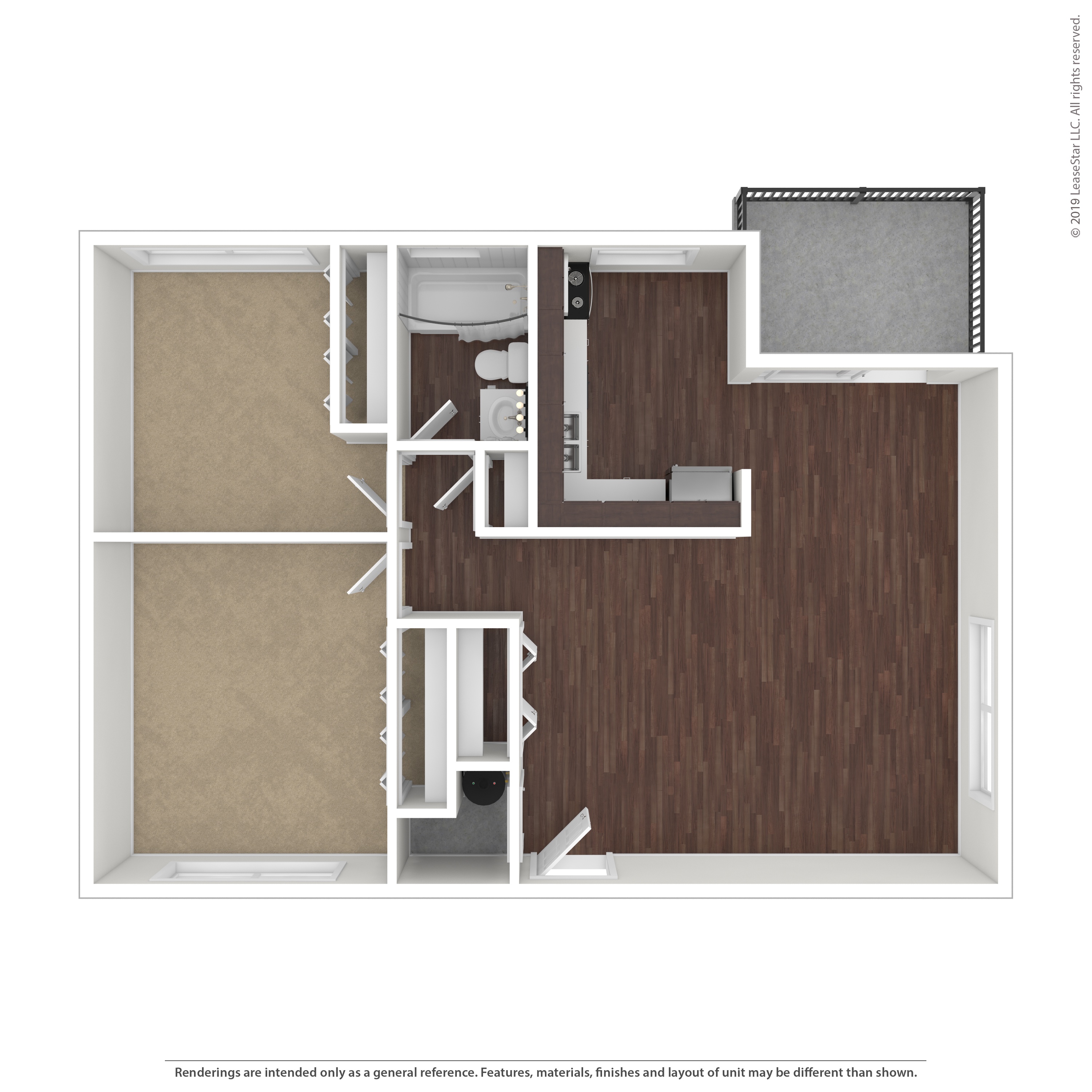 A 3D rendered image of a room layout with a staircase.