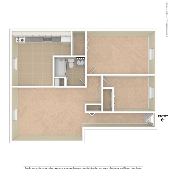 A floor plan of a small apartment with a kitchen, bathroom, and living room.