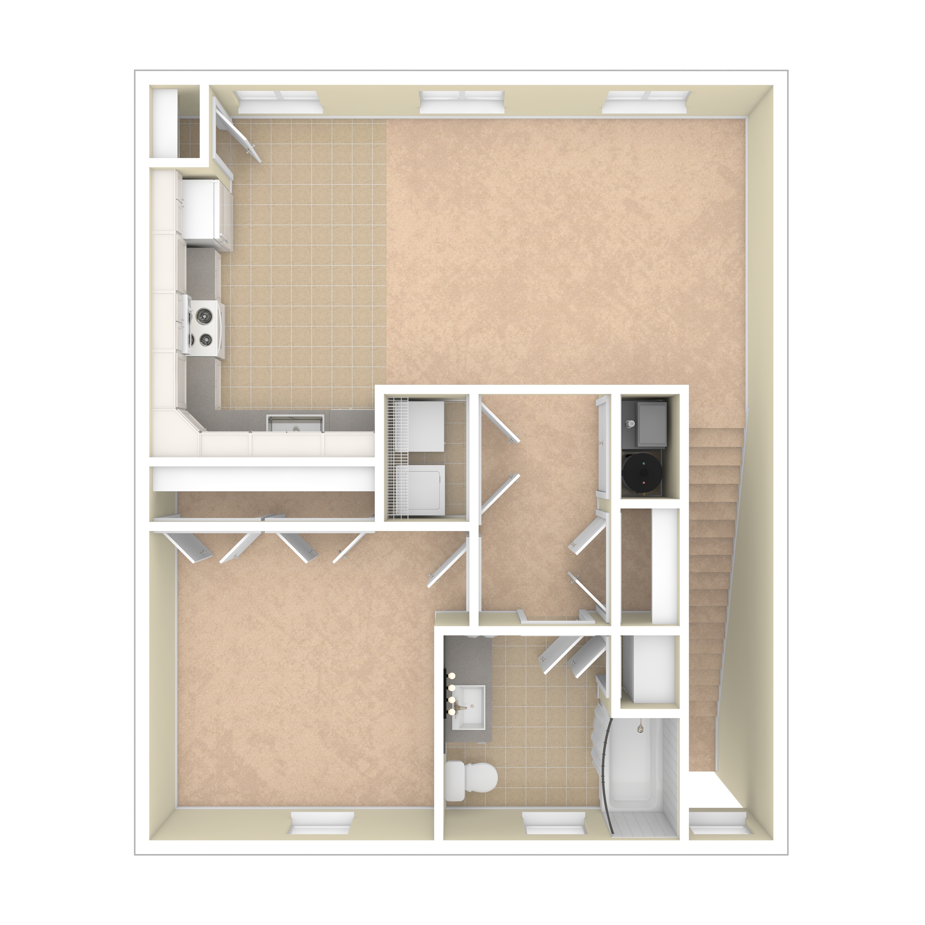 A floor plan of a small apartment with a kitchen