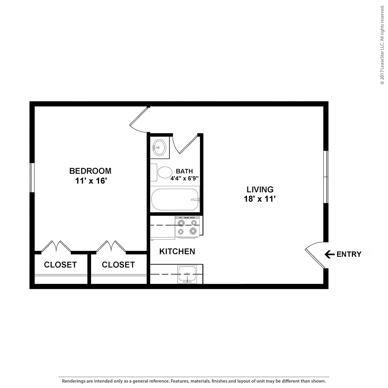 A floor plan of a small apartment with a bedroom, living room, and kitchen.