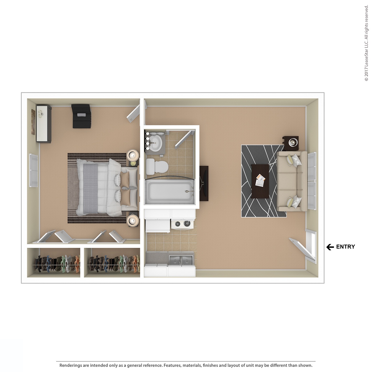 A floor plan of a small apartment with a kitchen, bathroom, and living room.