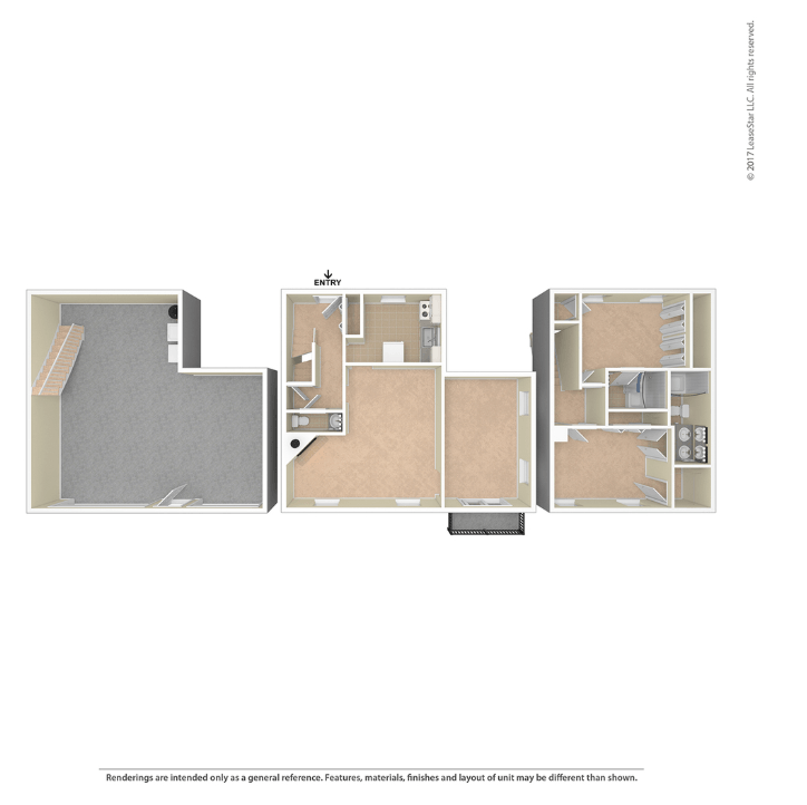 A floor plan of a three-part unit with a kitchen, living room and bedroom.