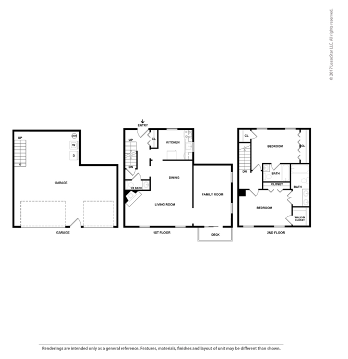 A floor plan of a house with three bedrooms, a living room, a dining room, a kitchen, a garage, and a basement.