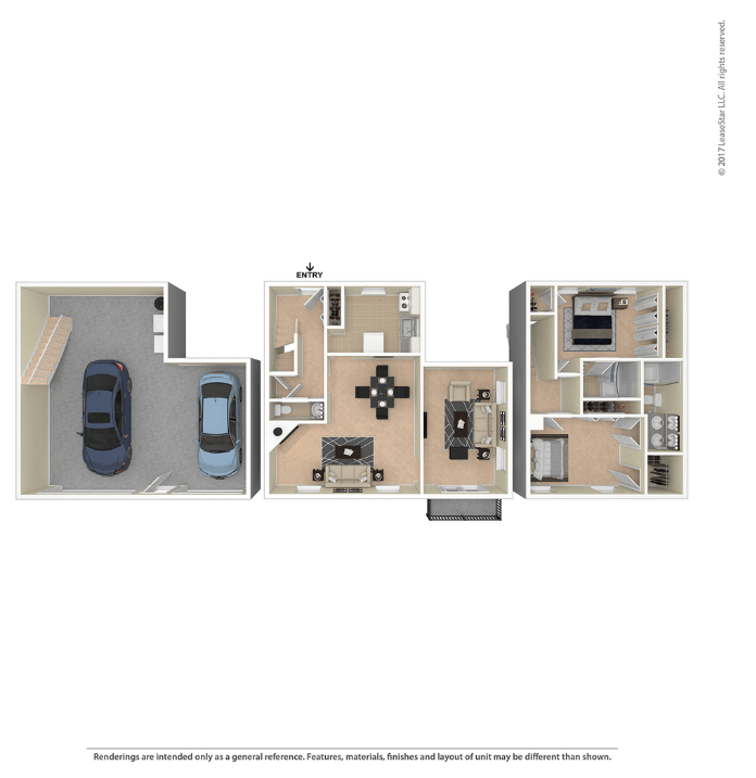 A floor plan of a house with three bedrooms, a living room, a kitchen, and a garage.