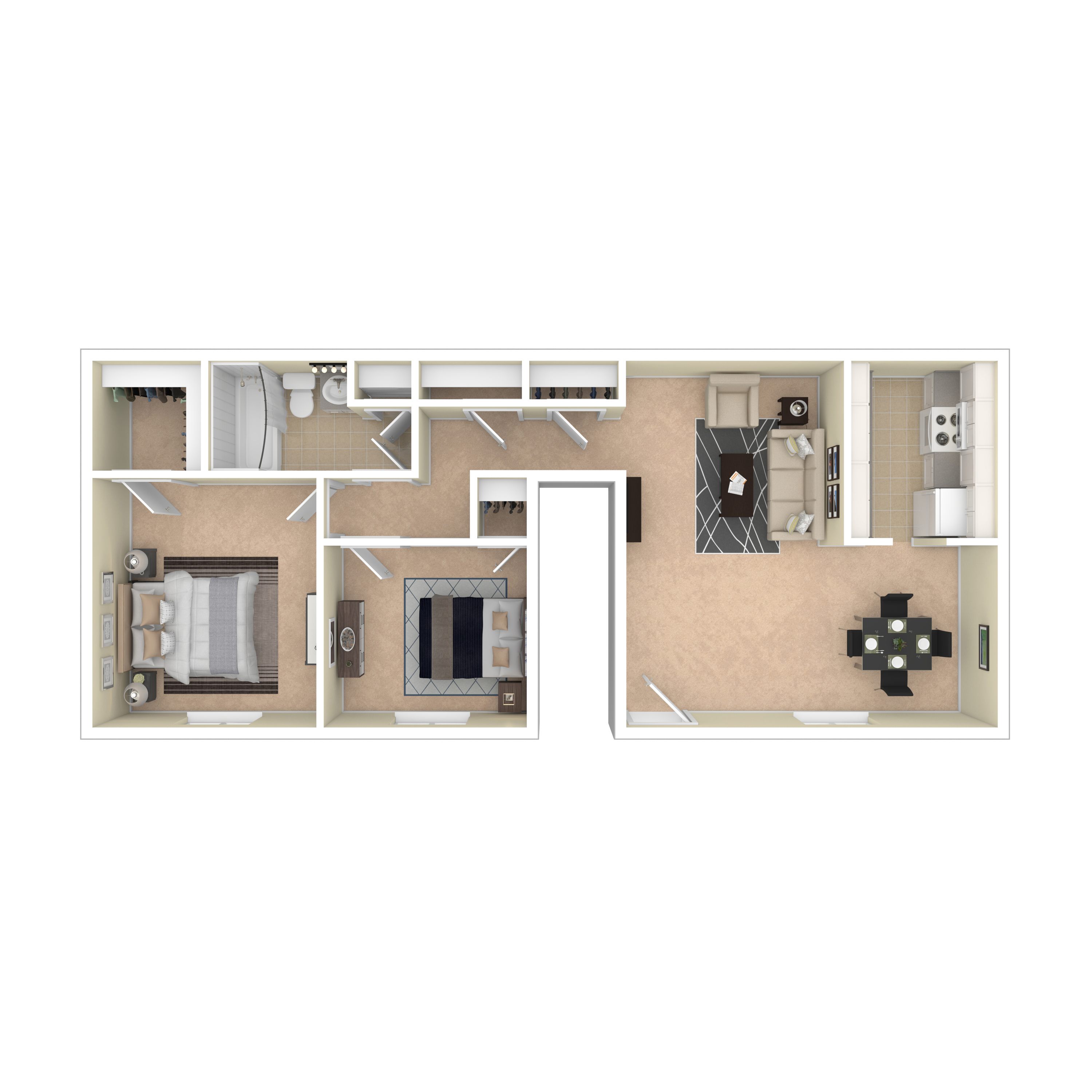 A floor plan of a small apartment with a kitchen, living room, and bathroom.