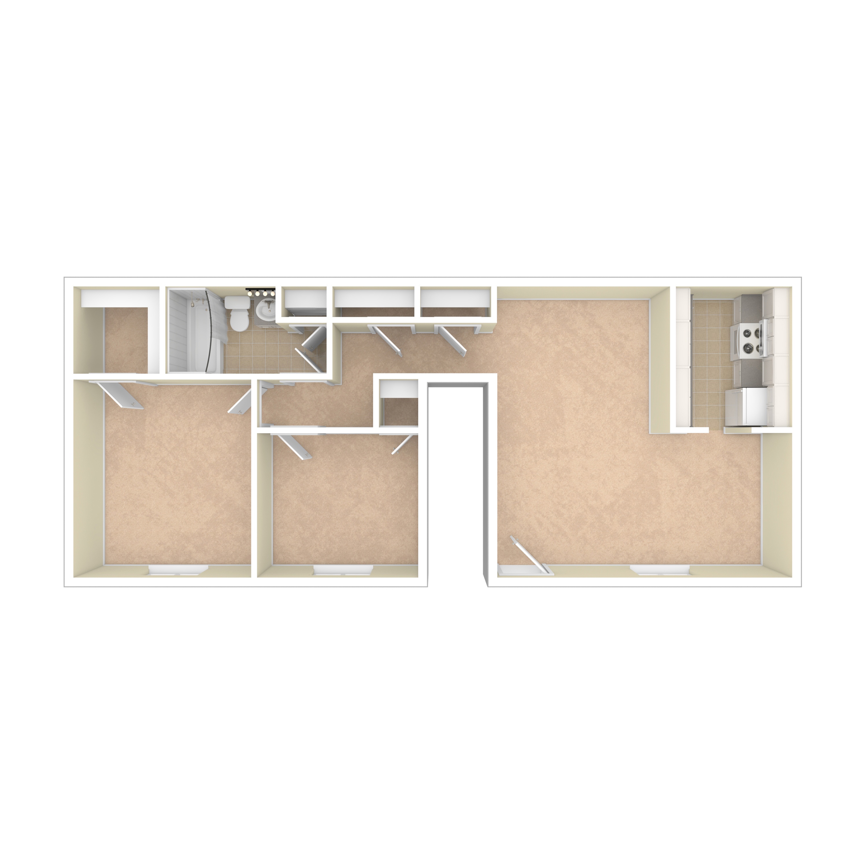A white framed floor plan of a room with two beds and a desk.
