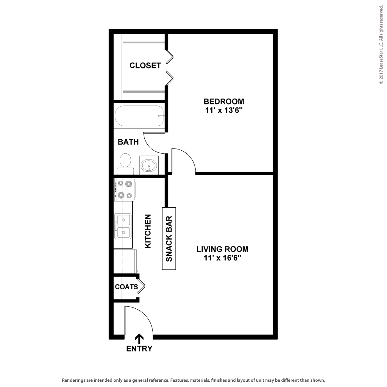 A floor plan of a small apartment with a bedroom, living room, kitchen, and bathroom.