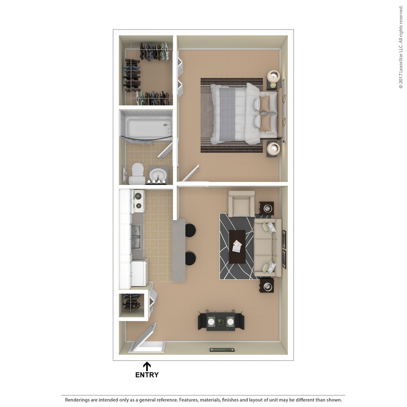 A floor plan of a small apartment with a bedroom, bathroom, and kitchen.