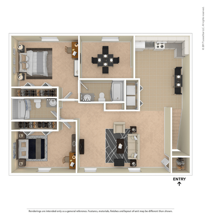 A floor plan of a house with a kitchen, living room, and bathrooms.