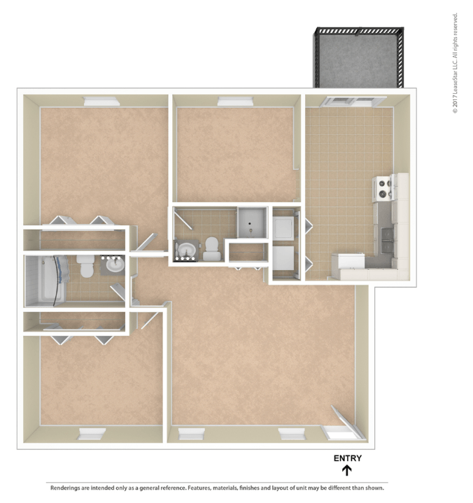 A floor plan of a room with a kitchen