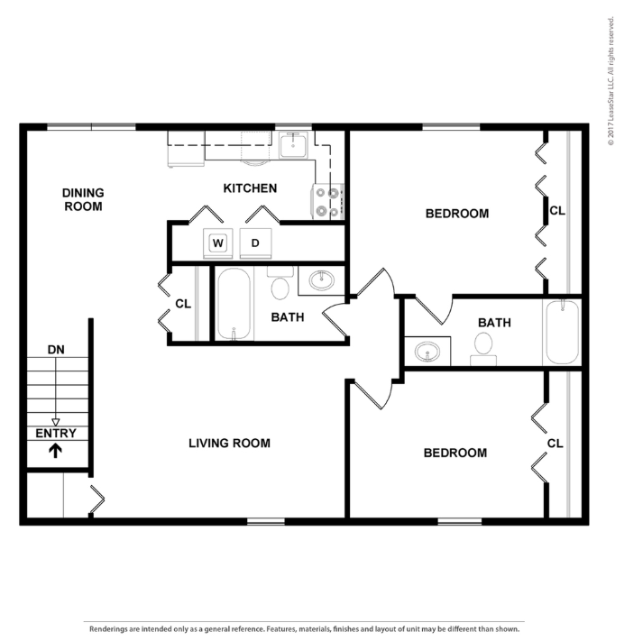 A black and white floor plan of a house with a living room, dining room, kitchen, and two bedrooms.