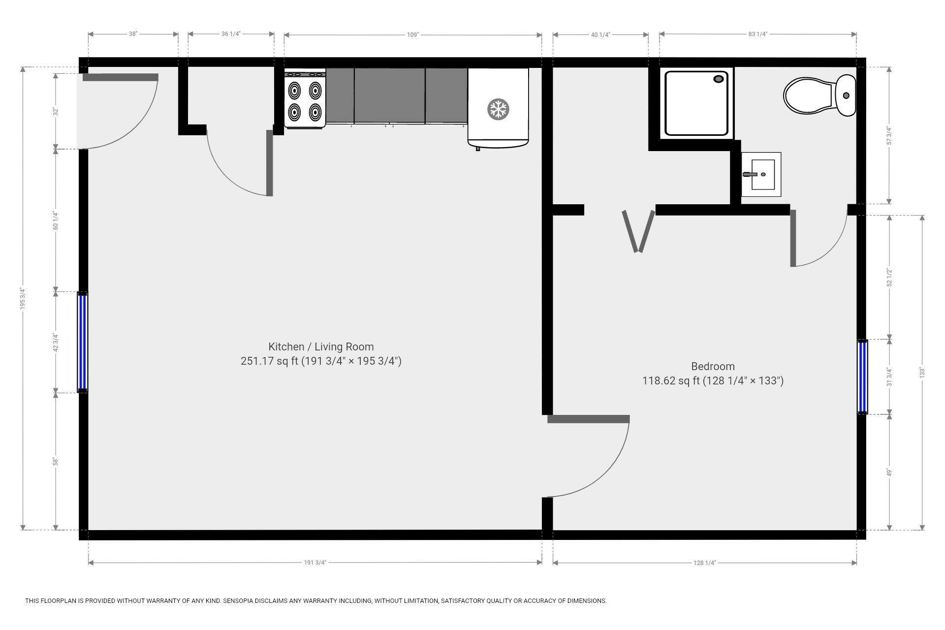 A floor plan of a room with a kitchen