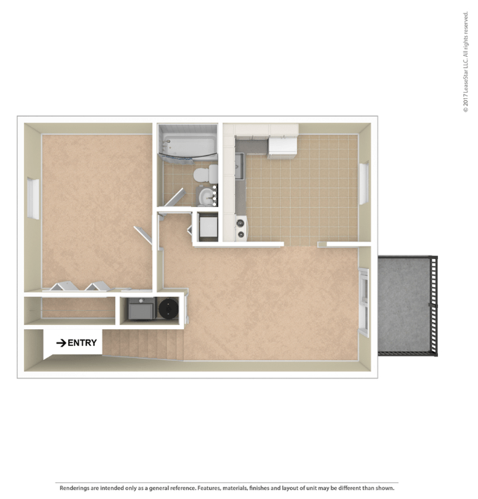 A floor plan of a room with a kitchen area