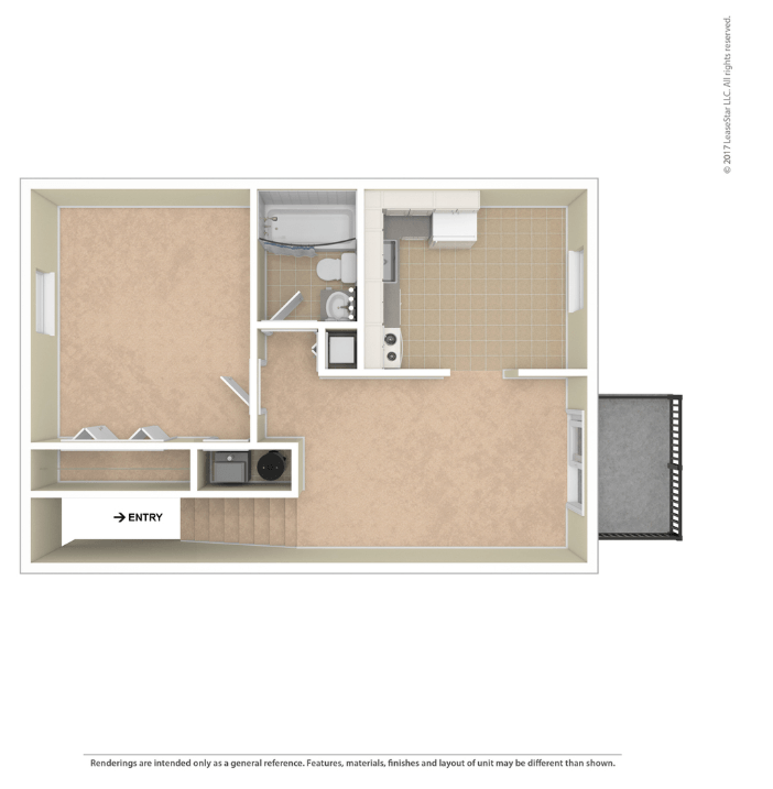 A drawing of a room with a kitchen and a bed.
