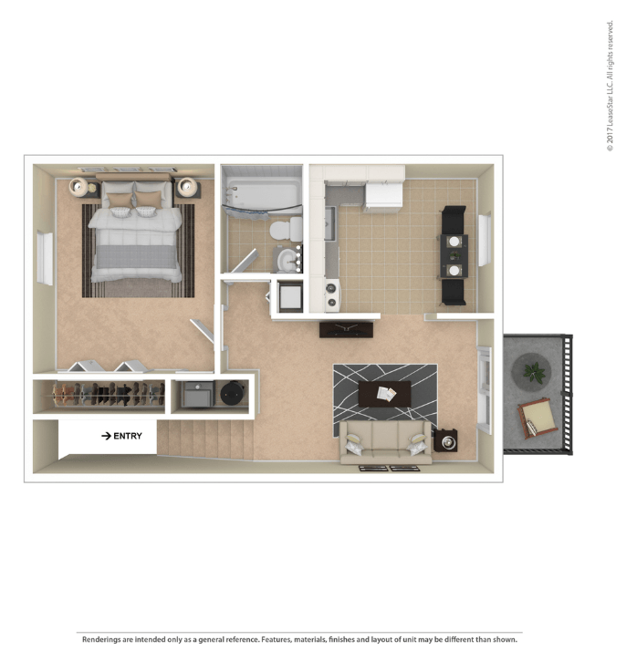 A floor plan of a room with a bed, a couch, a table, and a television.
