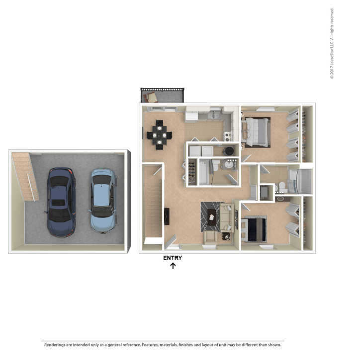 A floor plan of a house with two cars parked in the garage.