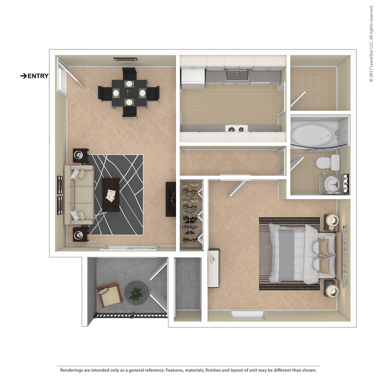 A floor plan of a small apartment with a kitchen