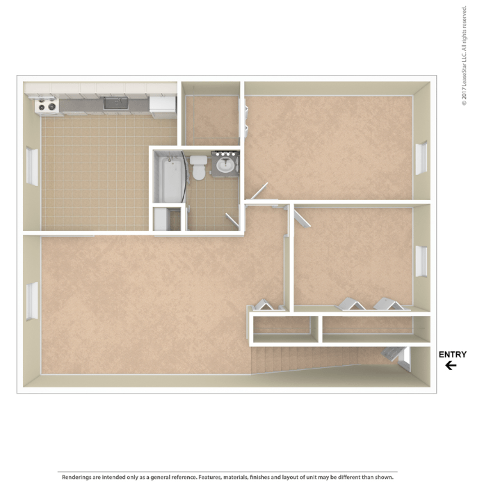 A floor plan of a small apartment with a kitchen
